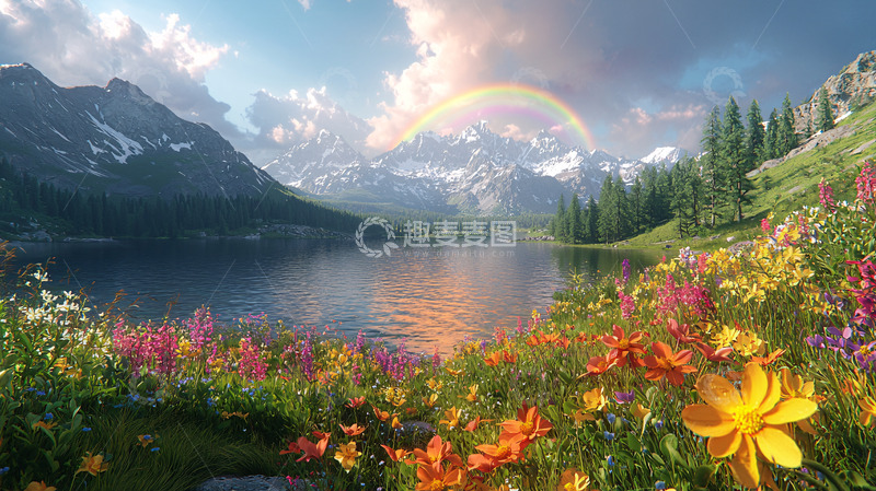 高清大图下载【趣麦麦图】彩虹山湖鲜花