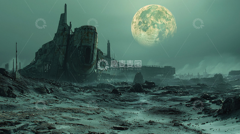 高清大图下载【趣麦麦图】月夜荒凉废墟