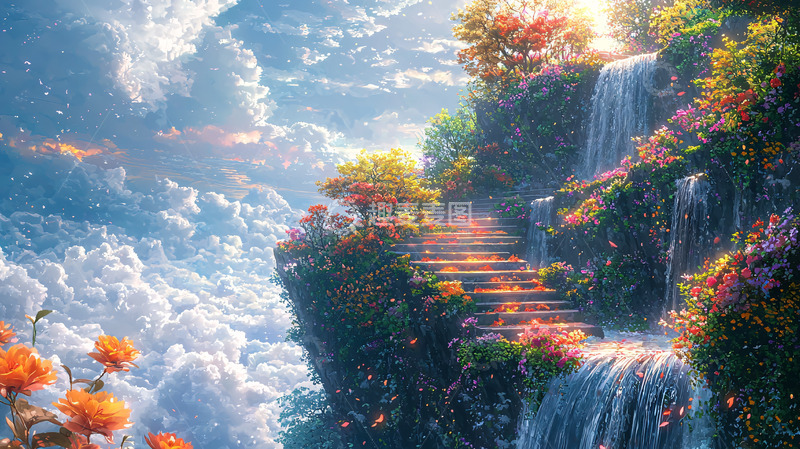 高清大图下载【趣麦麦图】梦幻仙境瀑布阶梯