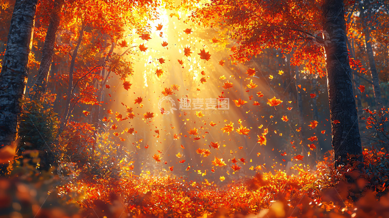 高清大图下载【趣麦麦图】光线透过树林落叶纷飞