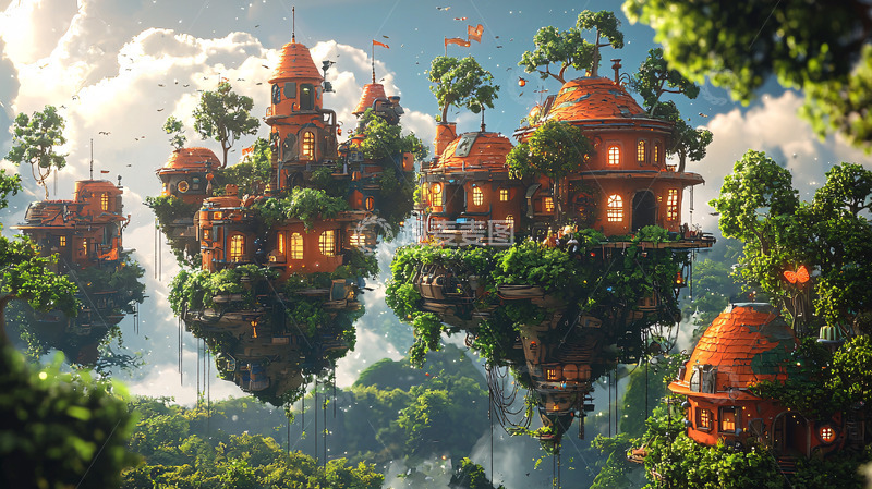 高清大图下载【趣麦麦图】悬浮岛屿上的梦幻小镇