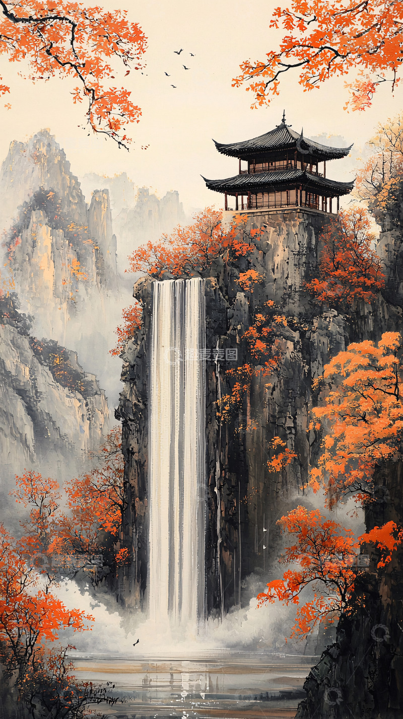 高清大图下载【趣麦麦图】秋枫山崖飞瀑亭台