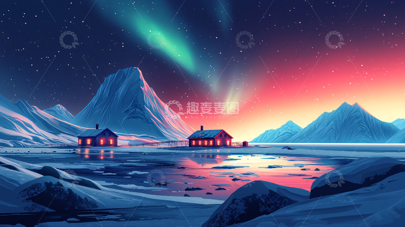 高清大图下载【趣麦麦图】宁静的极光雪景小屋