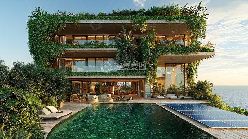 高清大图下载【趣麦麦图】绿植环绕的豪华海景别墅
