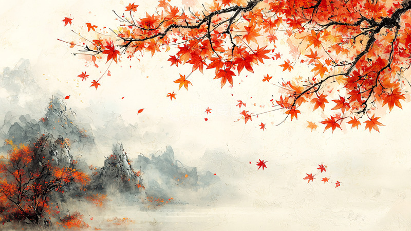 高清大图下载【趣麦麦图】水墨写意红叶秋景