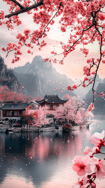 樱花下的古风建筑