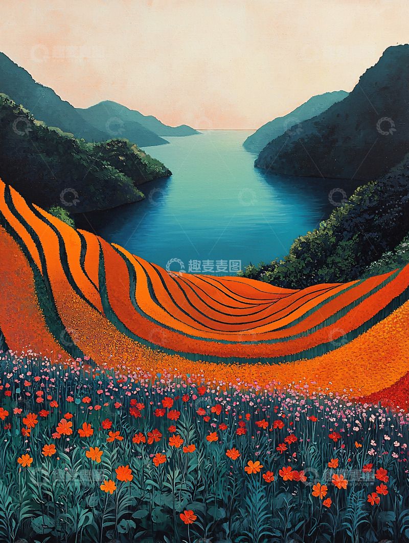 高清大图下载【趣麦麦图】橘色山峦与蓝色湖泊的风景画