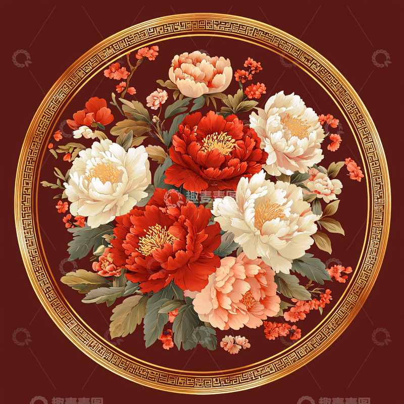 高清大图下载【趣麦麦图】圆形构图的牡丹花卉图案