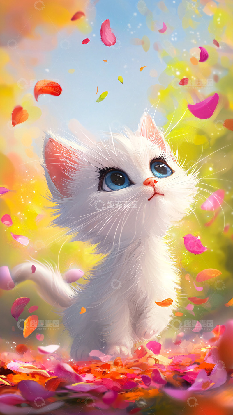 高清大图下载【趣麦麦图】可爱猫咪花瓣背景