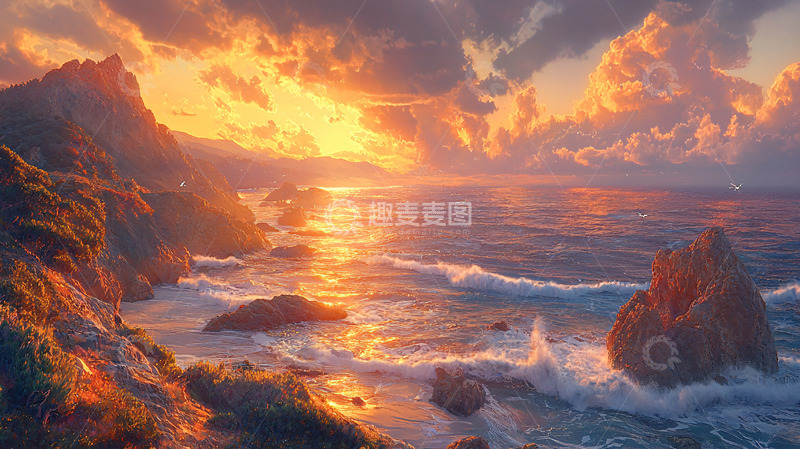 高清大图下载【趣麦麦图】燃烧的落日海边景色