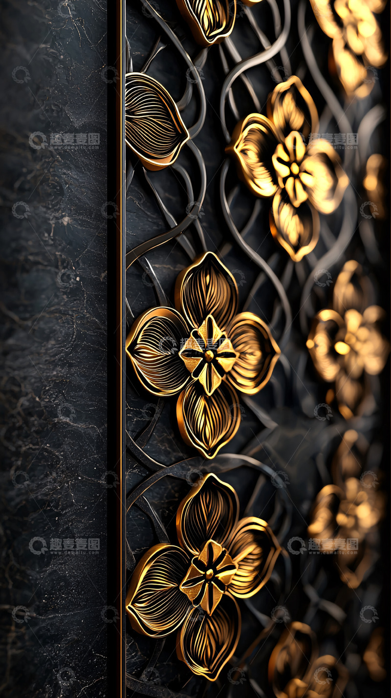 高清大图下载【趣麦麦图】金色花卉金属雕刻图案