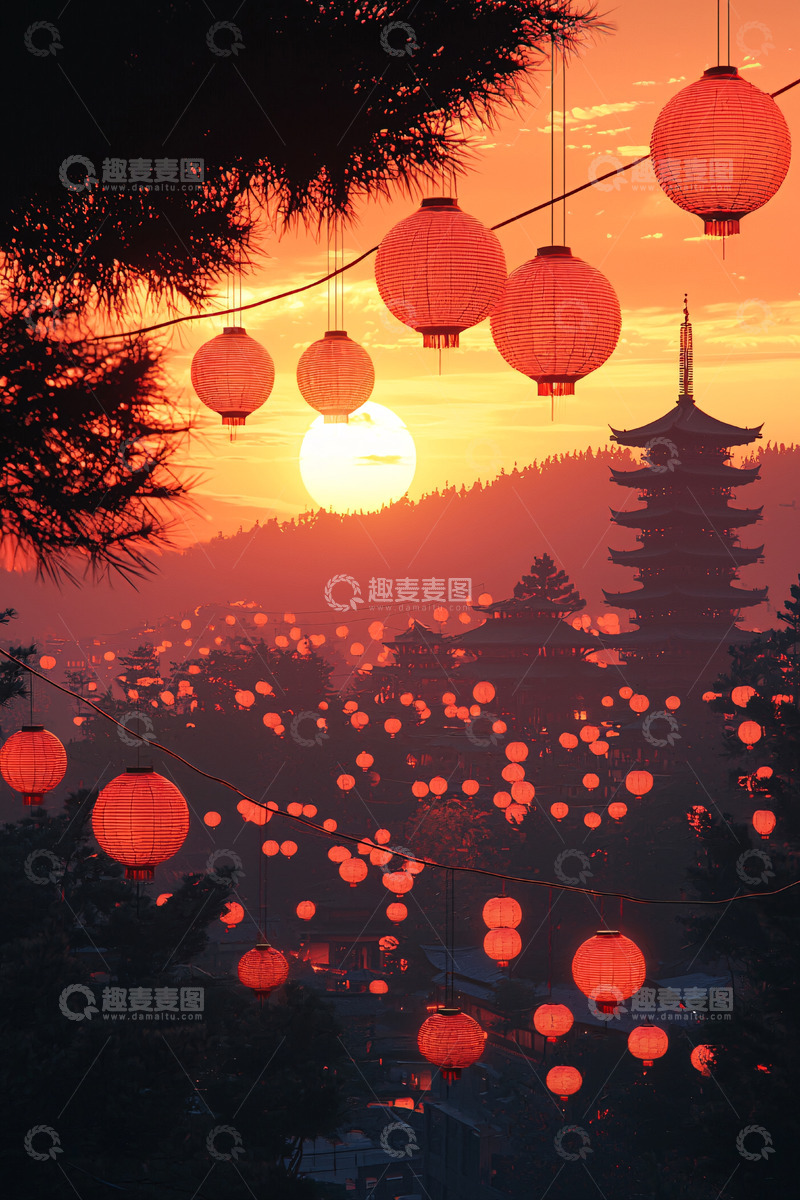高清大图下载【趣麦麦图】日落红灯笼与寺庙