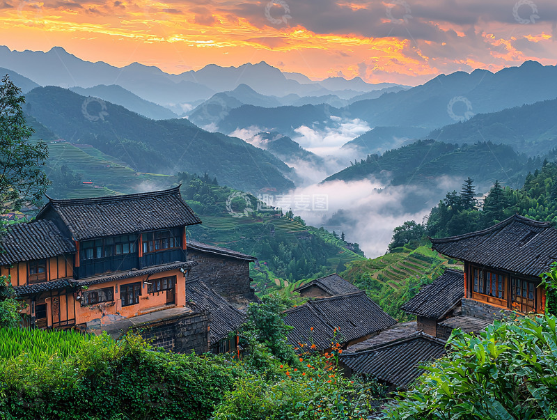 高清大图下载【趣麦麦图】日出云海山村景色
