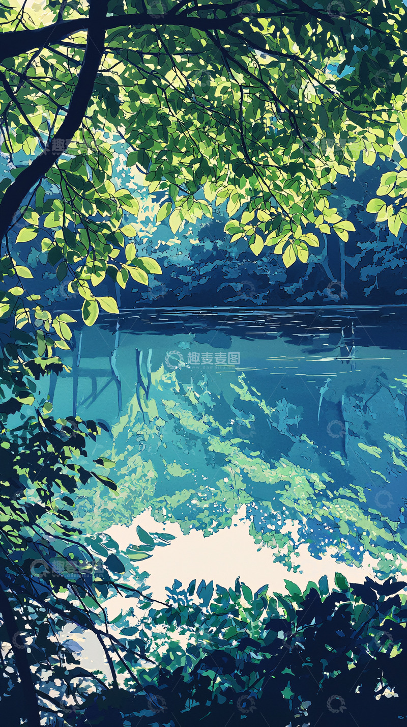 高清大图下载【趣麦麦图】树荫下的宁静湖泊