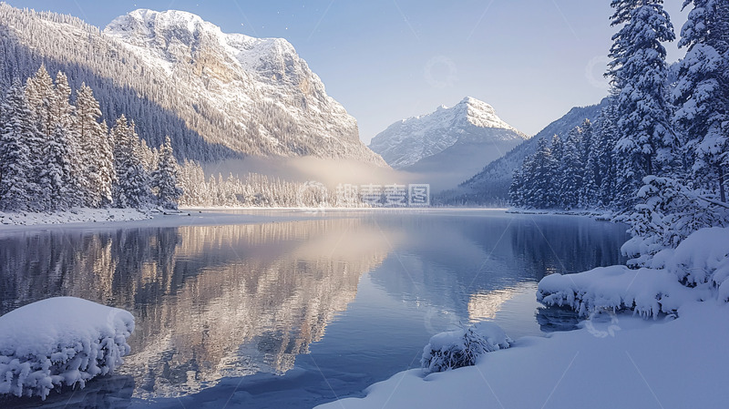 高清大图下载【趣麦麦图】冬日雪山湖泊宁静
