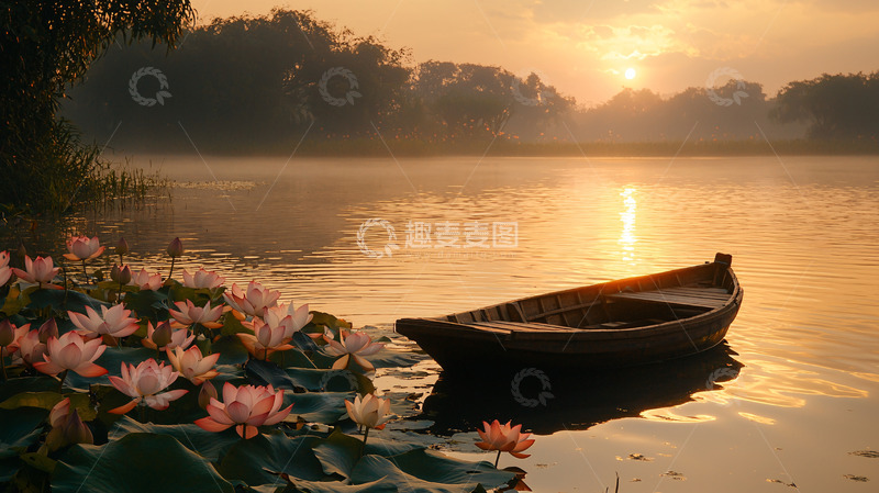 高清大图下载【趣麦麦图】宁静的湖面小船日出