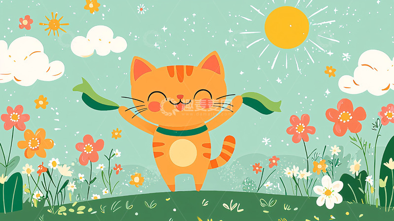 高清大图下载【趣麦麦图】卡通猫咪在花丛中快乐玩耍