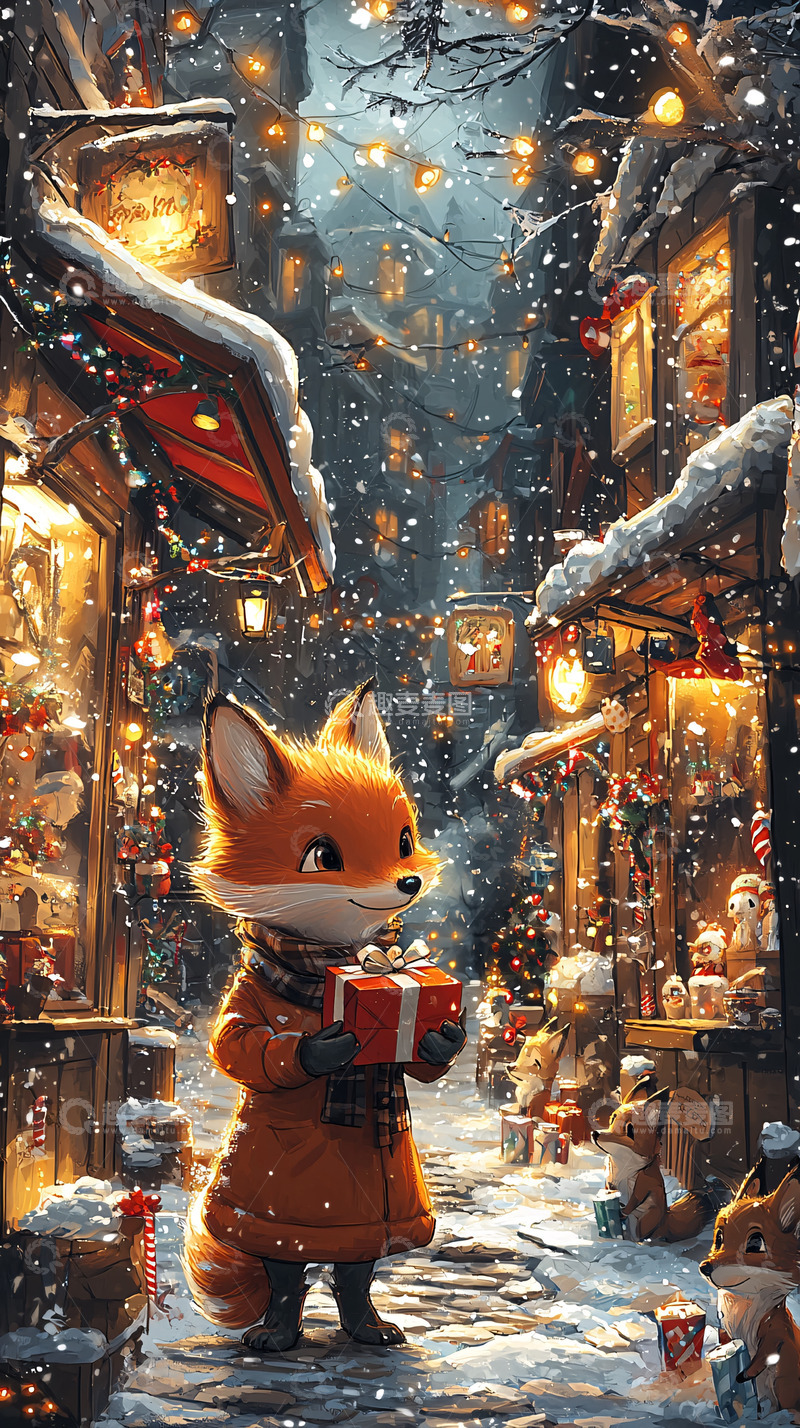 高清大图下载【趣麦麦图】冬日小狐狸送礼物