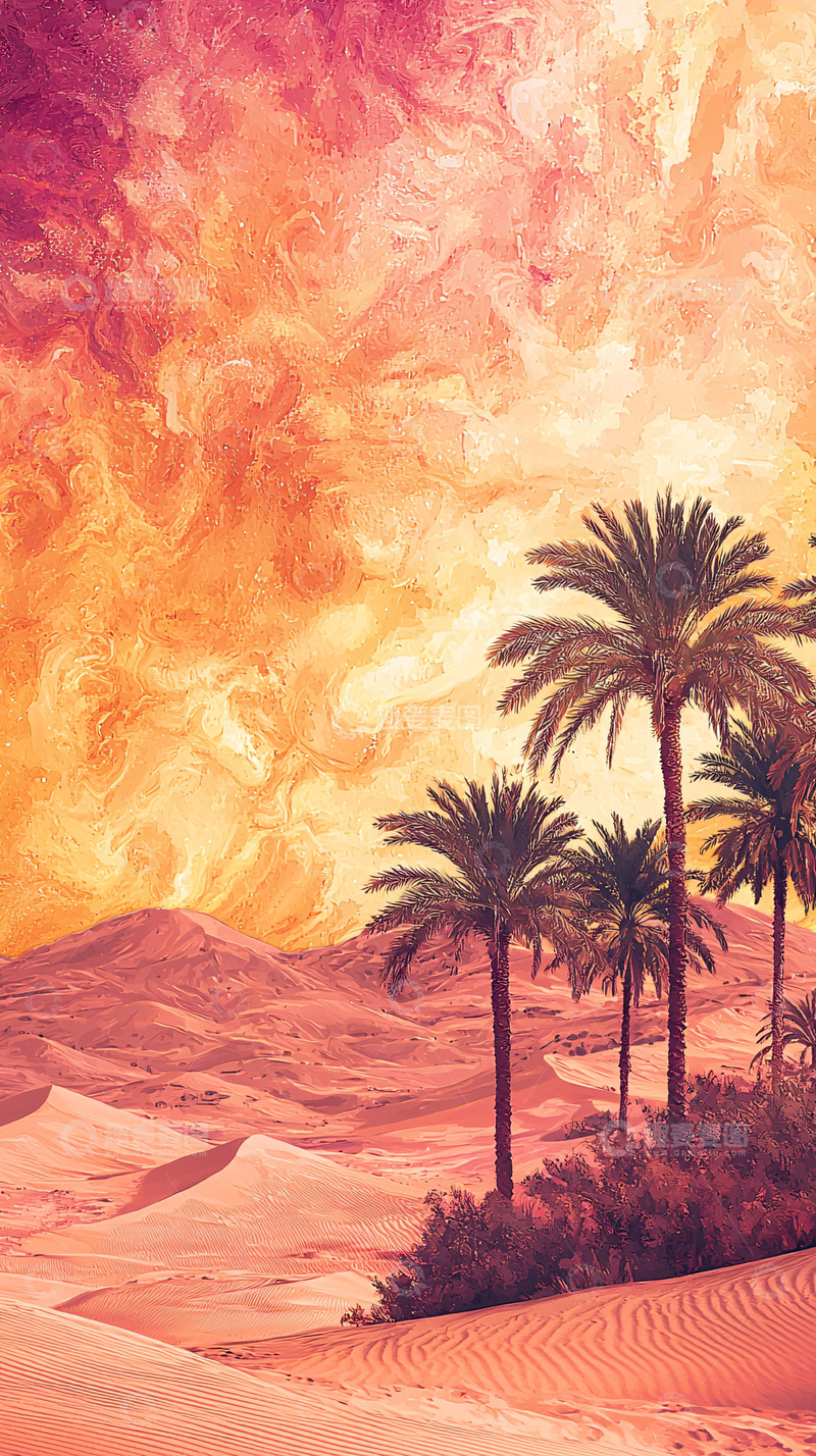 高清大图下载【趣麦麦图】沙漠棕榈树日落