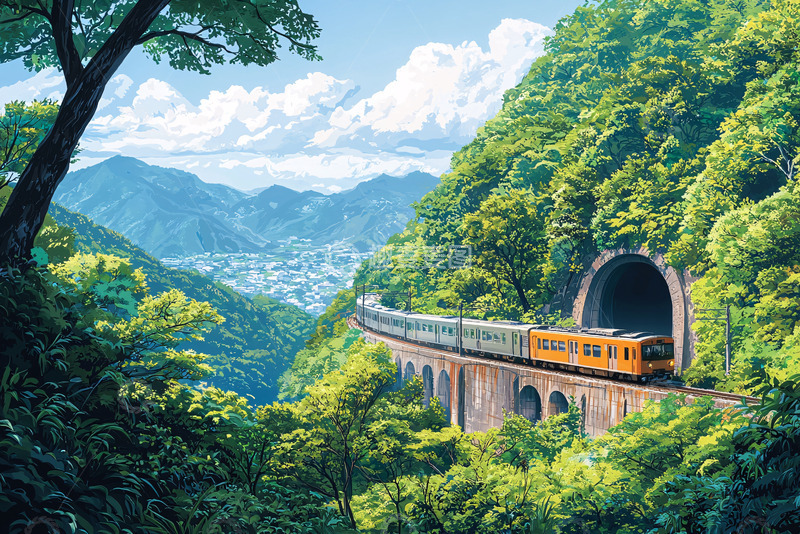 高清大图下载【趣麦麦图】绿树环绕山间火车