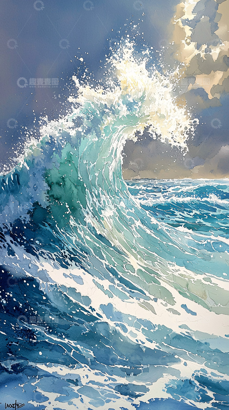 高清大图下载【趣麦麦图】蓝色海浪水彩绘画