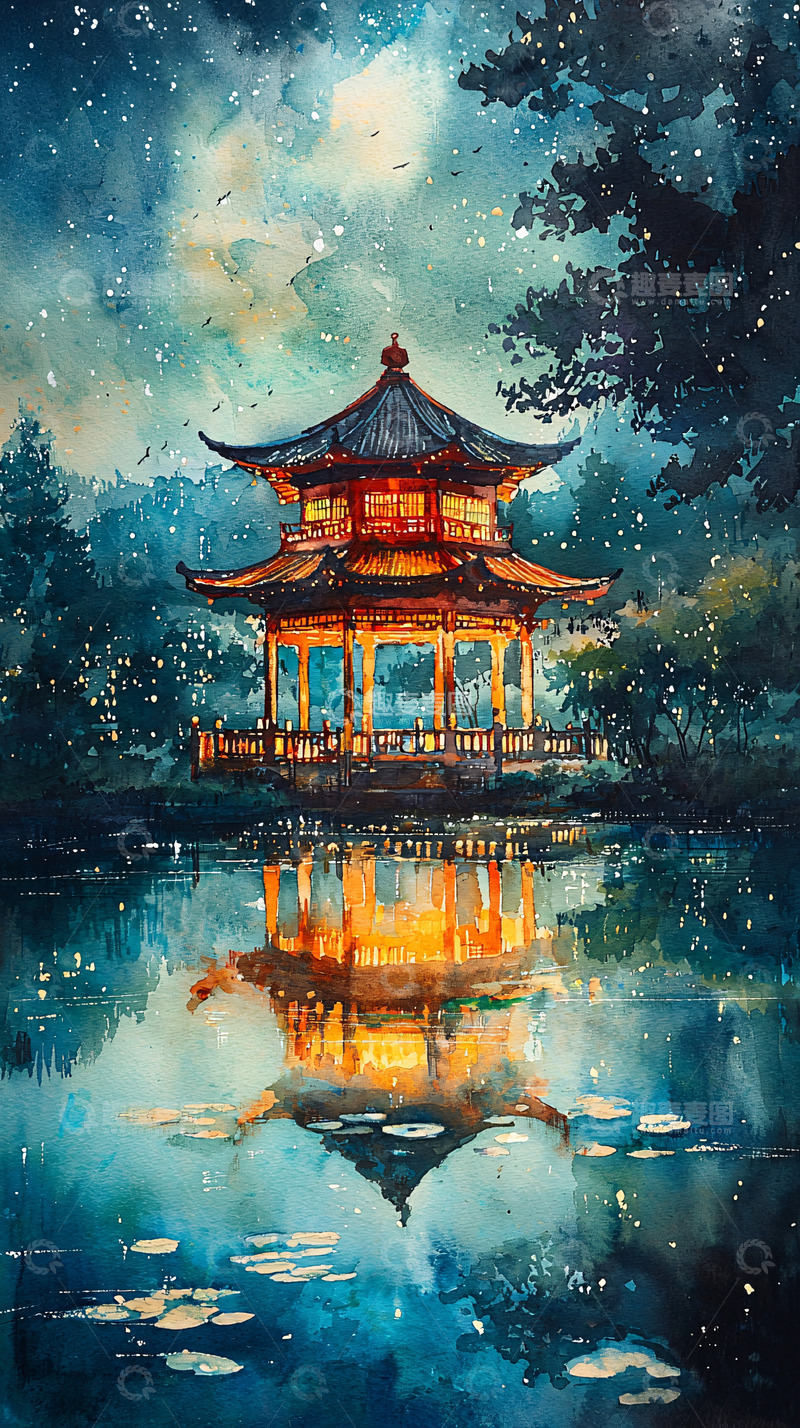 高清大图下载【趣麦麦图】水面倒影中的古风建筑