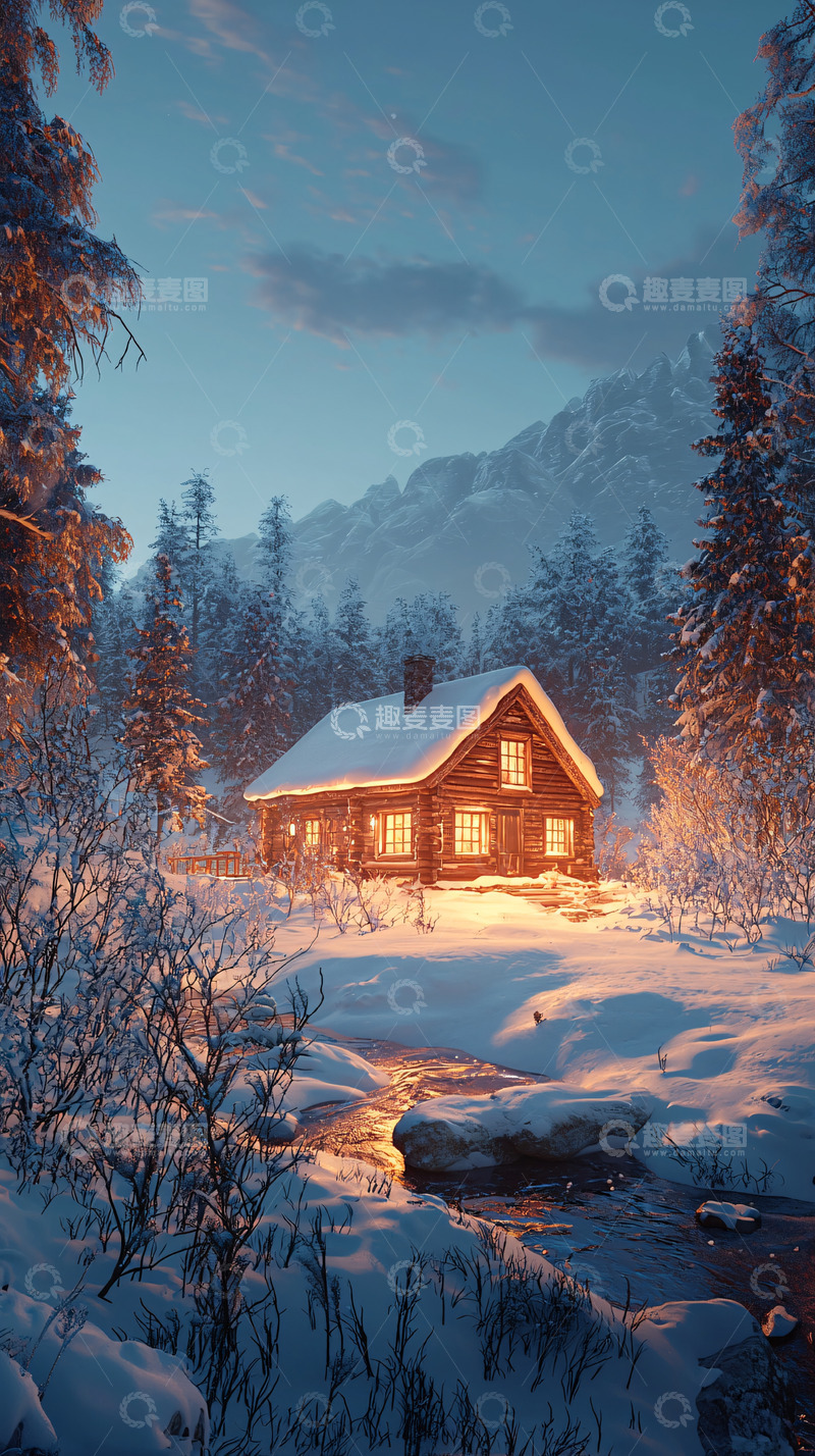 高清大图下载【趣麦麦图】雪夜小屋温暖灯光