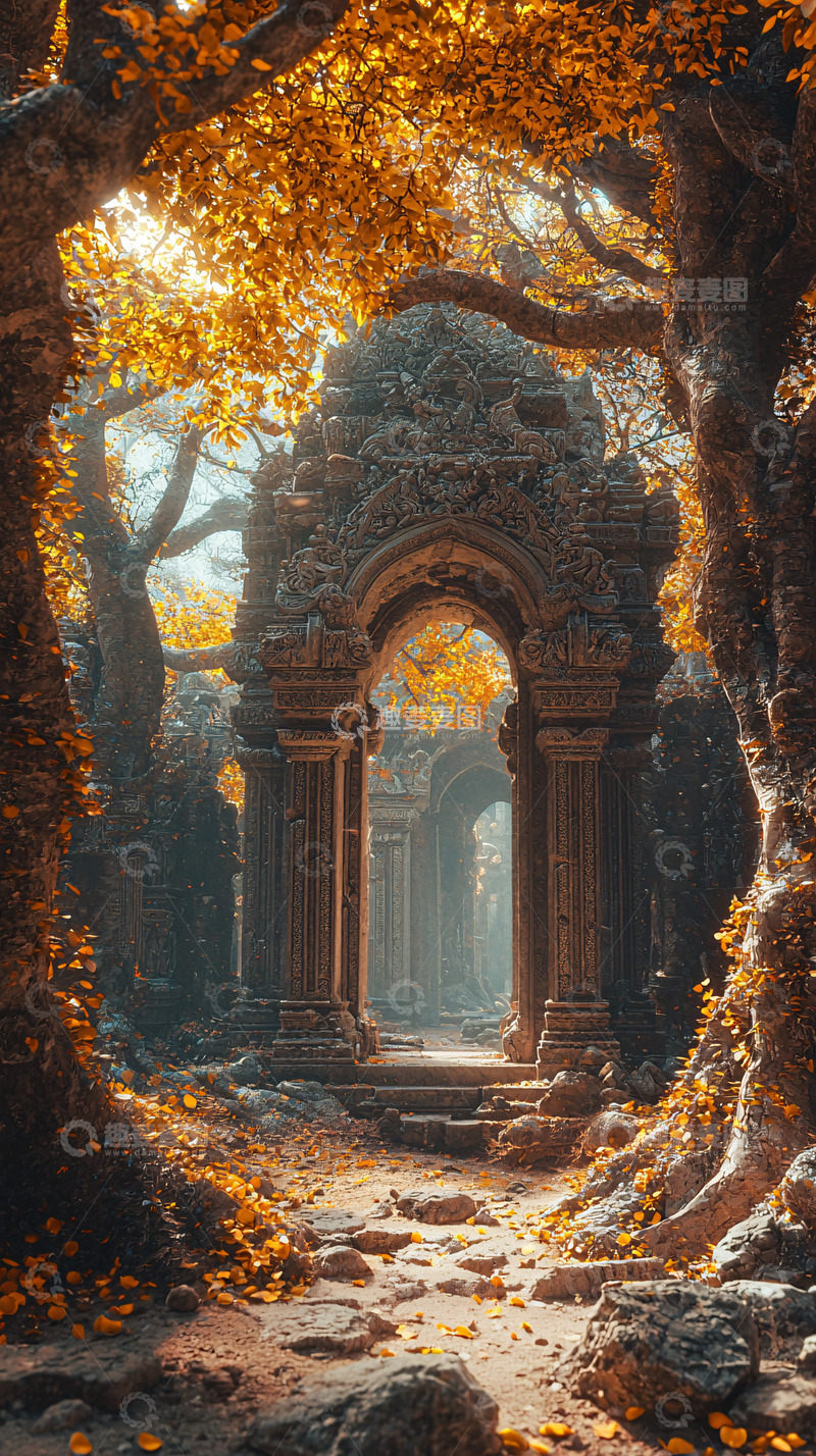 高清大图下载【趣麦麦图】秋日古庙石拱门