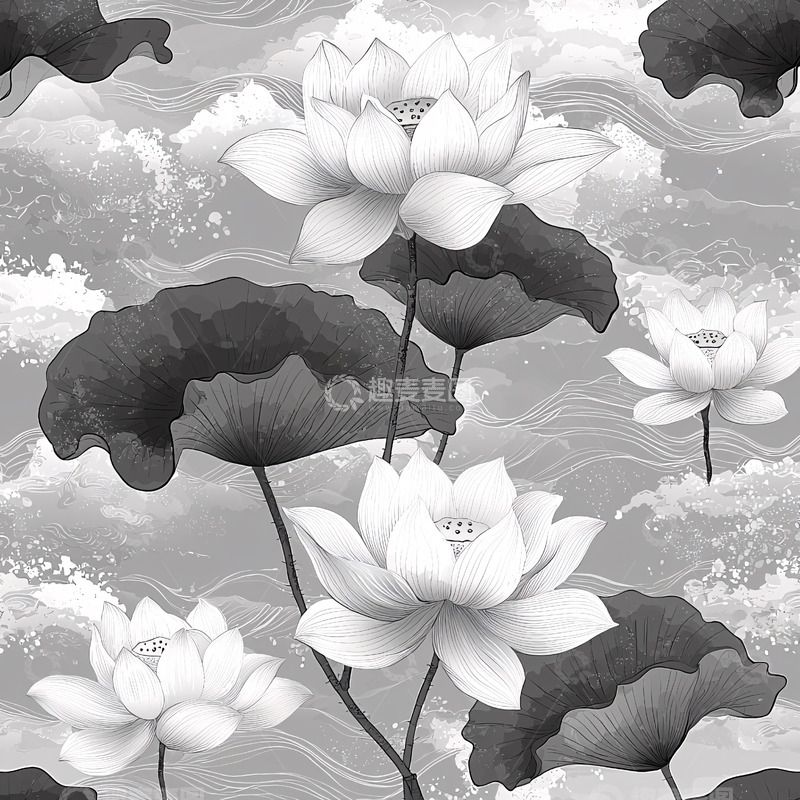 高清大图下载【趣麦麦图】黑白莲花水波纹图案