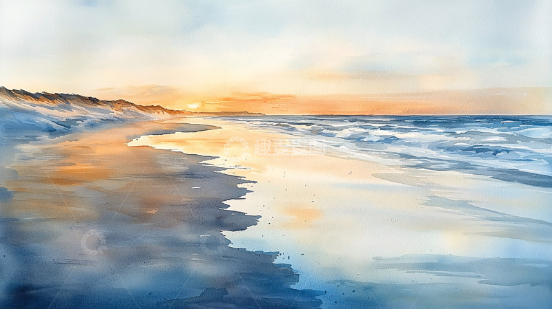 高清大图下载【趣麦麦图】水彩画海滩日落
