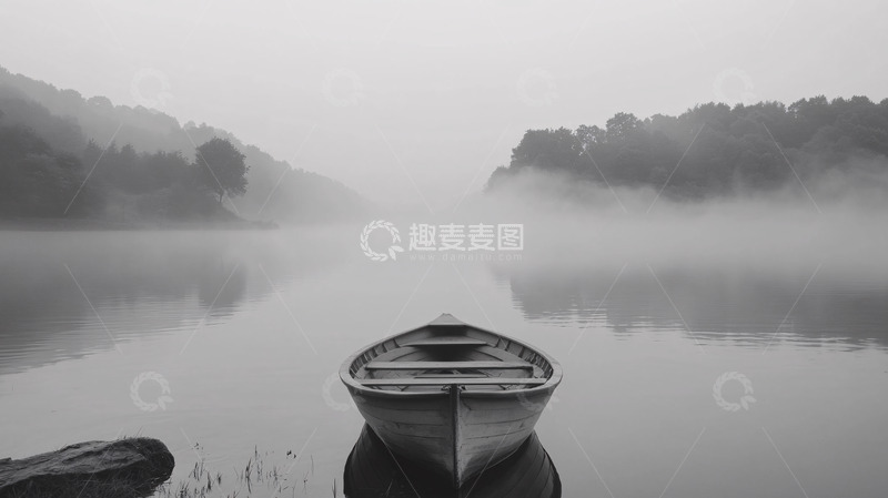 高清大图下载【趣麦麦图】雾气笼罩下的孤舟