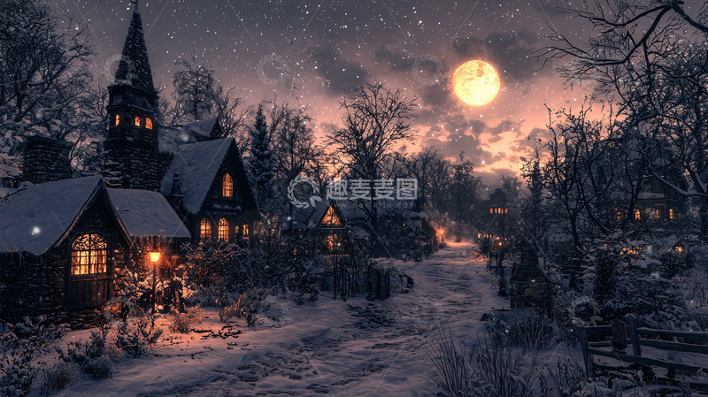 高清大图下载【趣麦麦图】雪夜小镇
