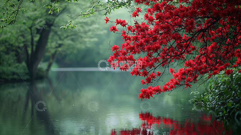 高清大图下载【趣麦麦图】红花绿树倒影湖面