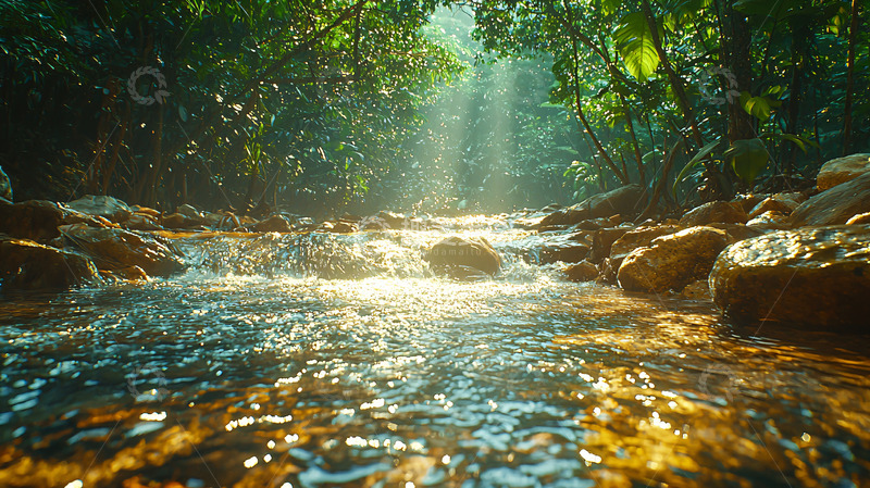 高清大图下载【趣麦麦图】阳光穿过雨林溪流