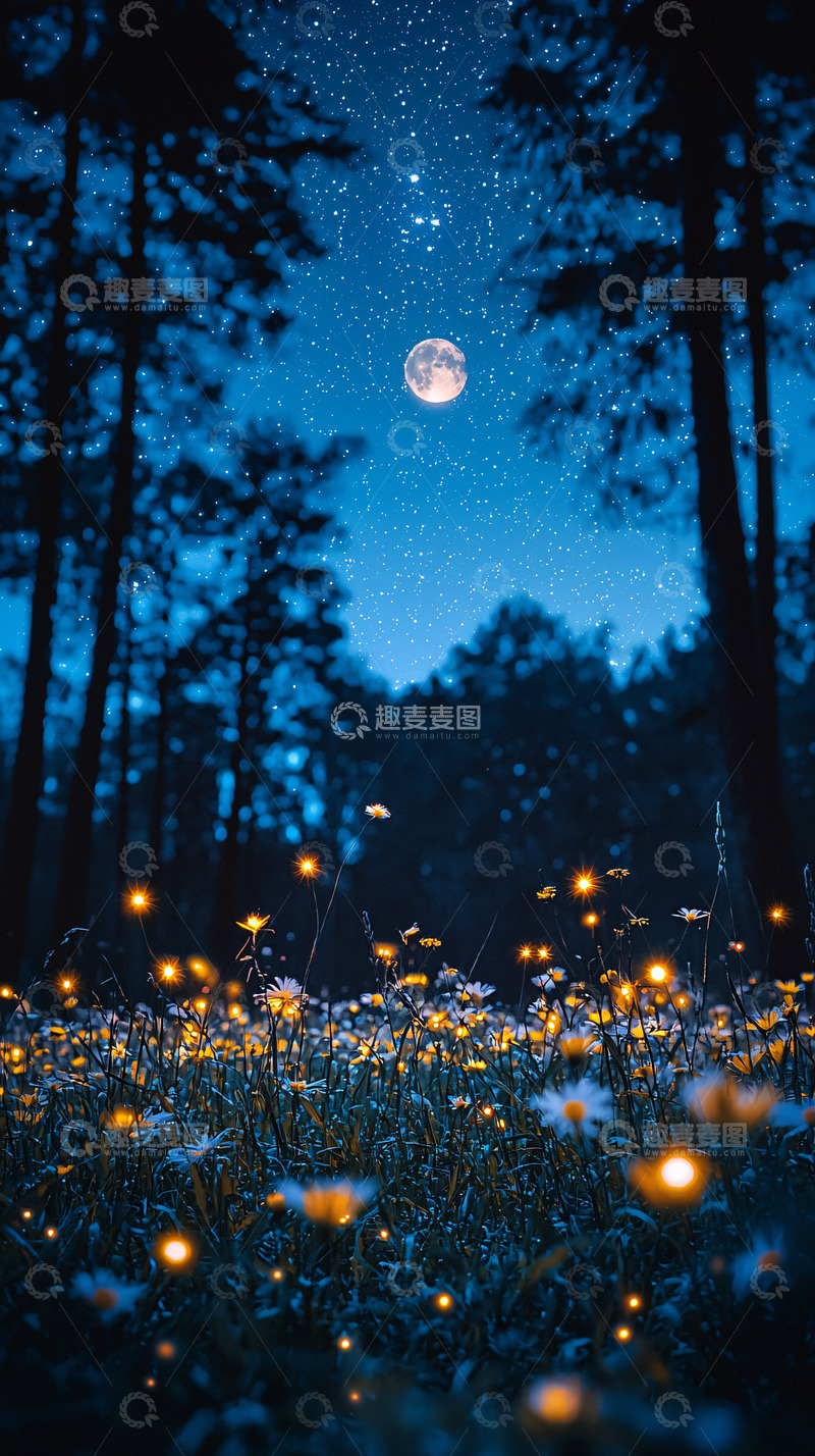 高清大图下载【趣麦麦图】月夜森林萤火虫