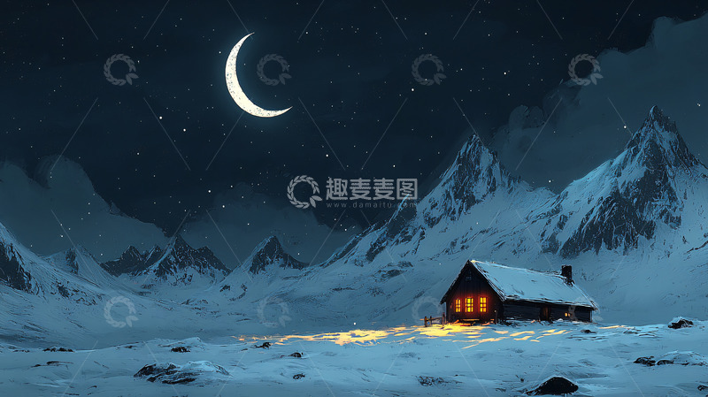 高清大图下载【趣麦麦图】雪山小屋夜景
