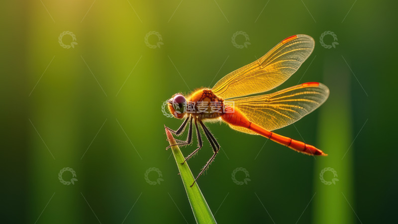 高清大图下载【趣麦麦图】绿叶上静栖的橙红蜻蜓