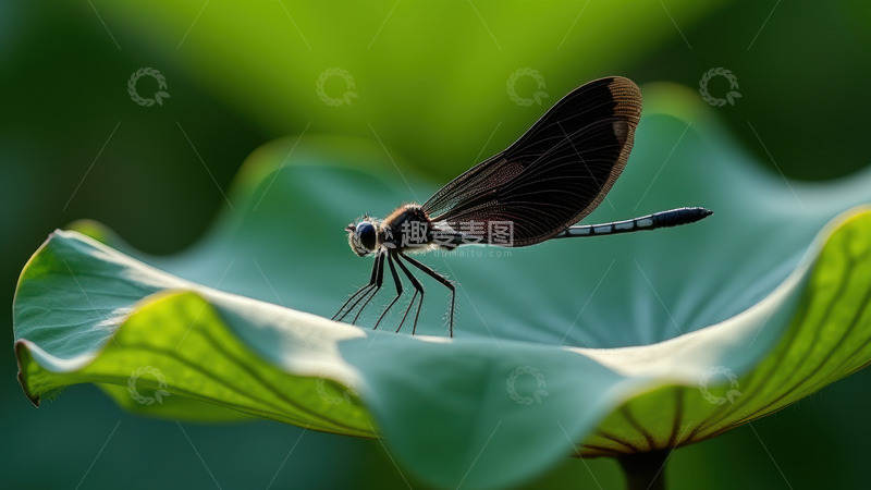 高清大图下载【趣麦麦图】绿荷叶上的黑翅蜻蜓