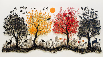 四季树木剪纸画