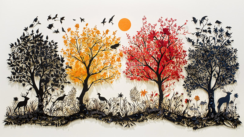 四季树木剪纸画
