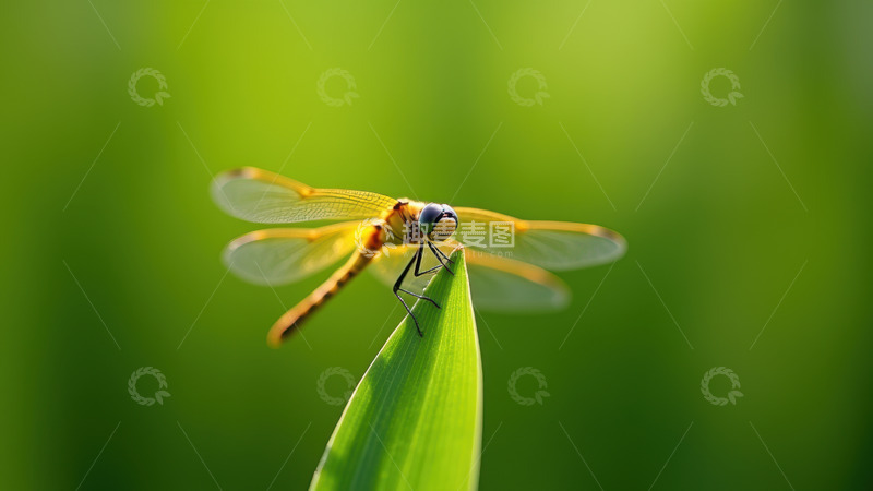高清大图下载【趣麦麦图】绿叶上的橙黄蜻蜓