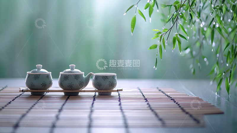 高清大图下载【趣麦麦图】清新淡雅茶具竹垫