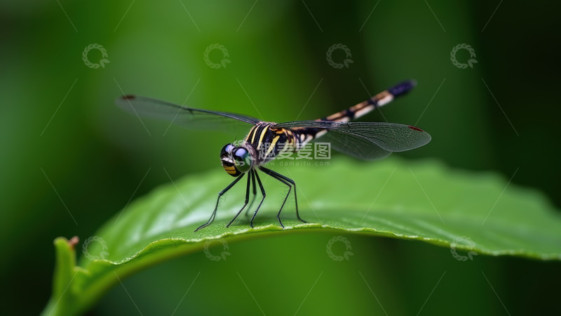 高清大图下载【趣麦麦图】绿叶上的黑纹蜻蜓