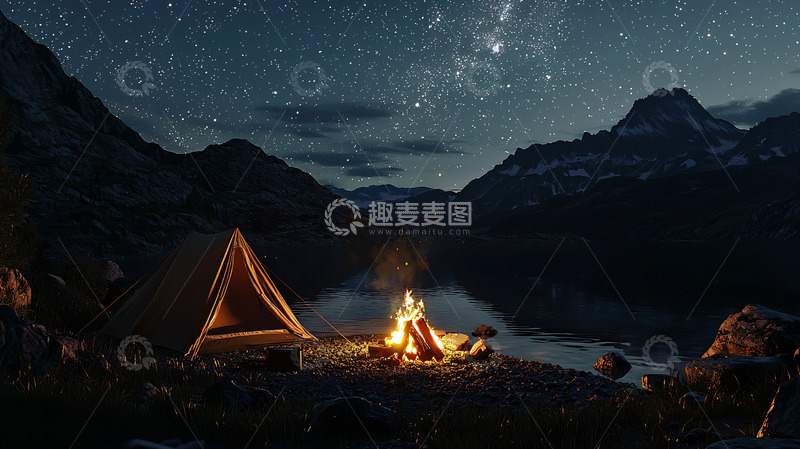 高清大图下载【趣麦麦图】星空下篝火营地