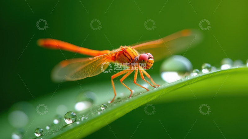 高清大图下载【趣麦麦图】带水珠绿叶上的橙蜻蜓