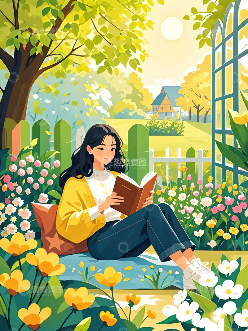 4月23日读书日看书的女孩插画2