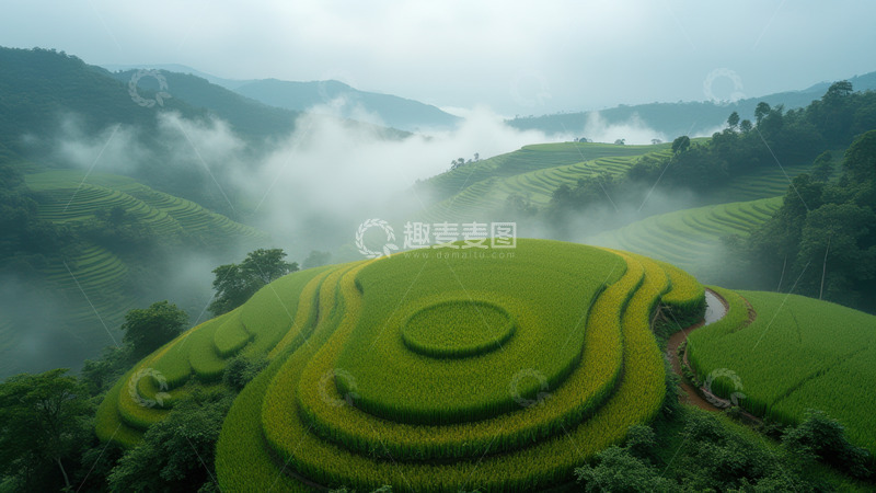 高清大图下载【趣麦麦图】云雾中螺旋状的绿色梯田