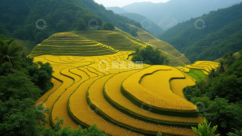 高清大图下载【趣麦麦图】金黄成熟的梯田丰收景象