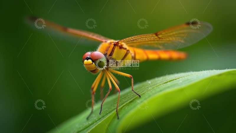 高清大图下载【趣麦麦图】绿叶上的橙黄蜻蜓1