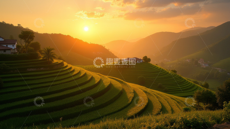 高清大图下载【趣麦麦图】夕阳下的梯田壮美景色